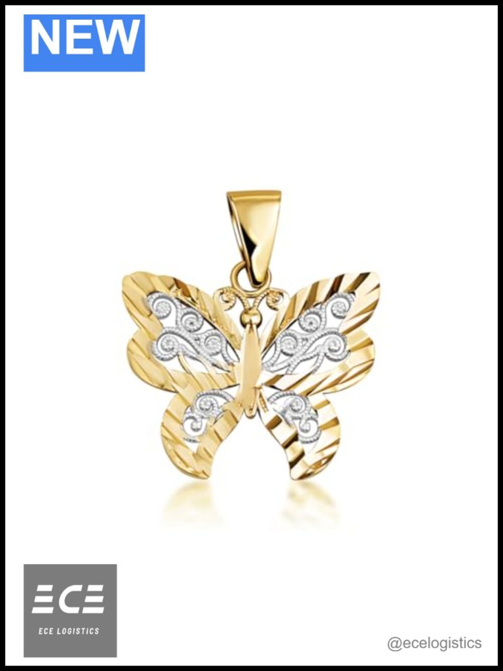 10K 14K Two Tone Gold Butterfly Charm Pendant Necklace Openwork Filigree